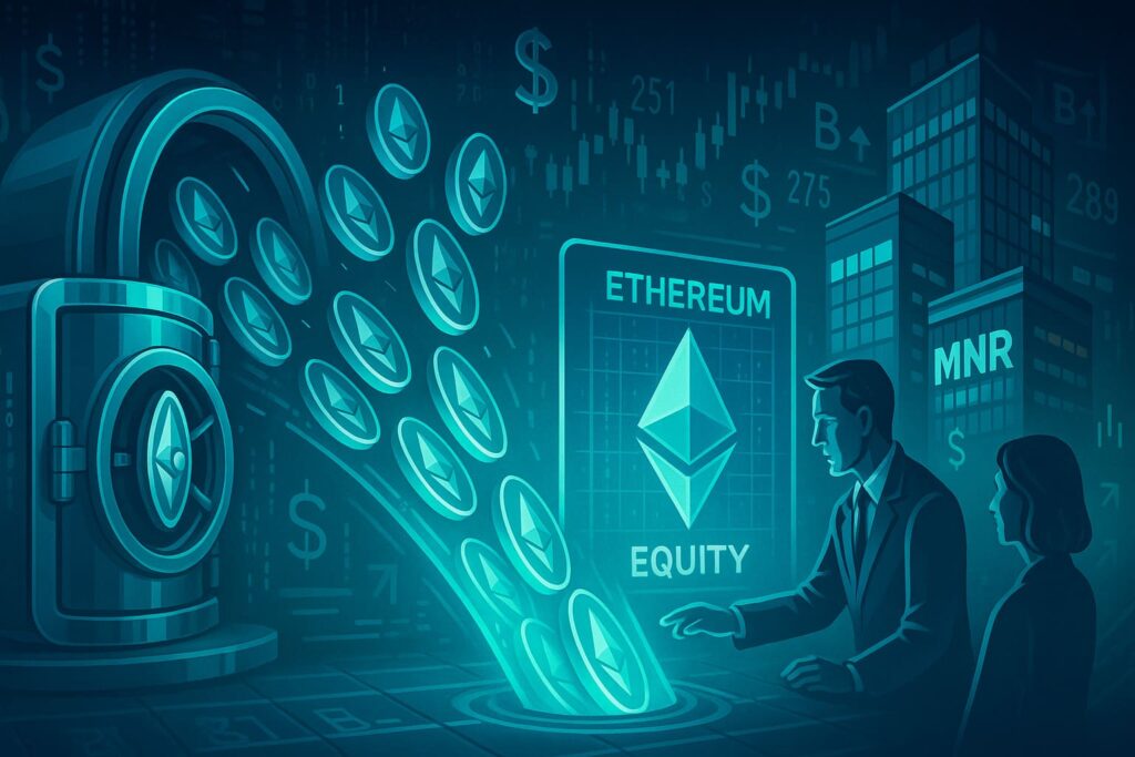 Editorial-style illustration showing Ethereum tokens exiting staking vaults and entering corporate equity structures, symbolizing ETH unstaking and institutional investment shift.
