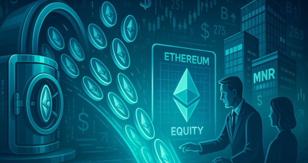 Editorial-style illustration showing Ethereum tokens exiting staking vaults and entering corporate equity structures, symbolizing ETH unstaking and institutional investment shift.