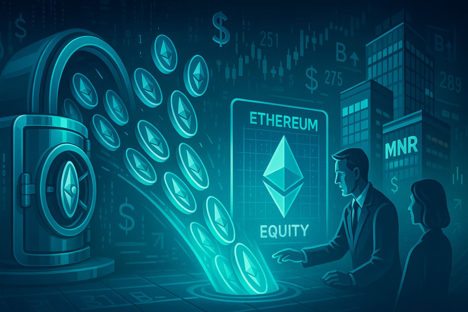 Editorial-style illustration showing Ethereum tokens exiting staking vaults and entering corporate equity structures, symbolizing ETH unstaking and institutional investment shift.