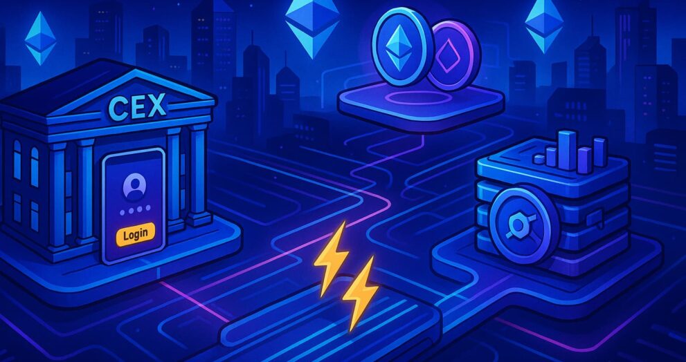 Editorial-style illustration showing CEX, DEX, DeFi, and Layer‑2 zones interconnected in a futuristic crypto network.