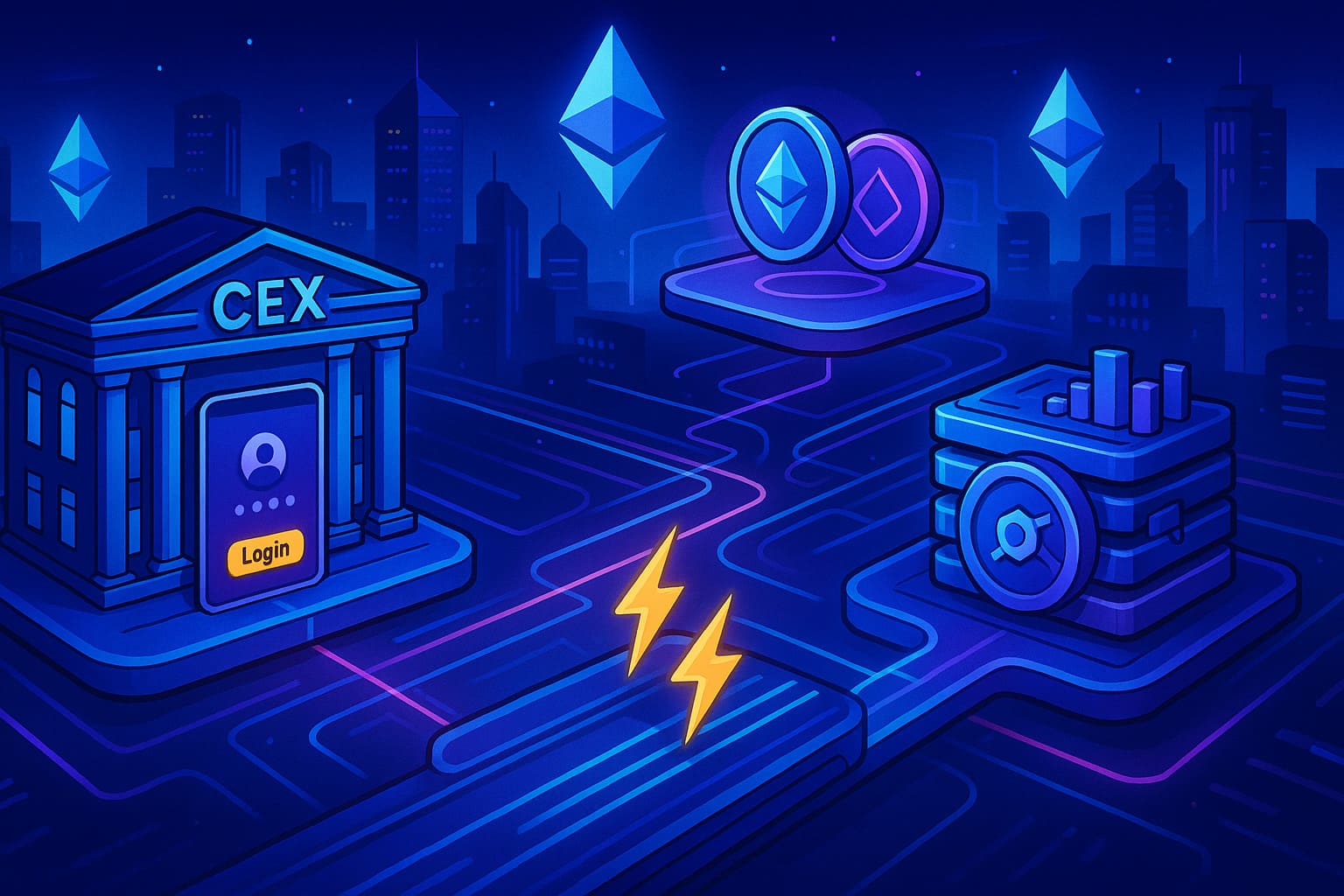 Editorial-style illustration showing CEX, DEX, DeFi, and Layer‑2 zones interconnected in a futuristic crypto network.