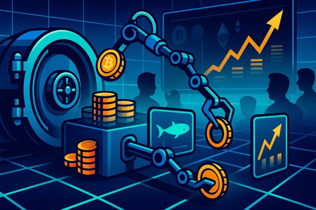 Vector-style illustration showing supply leaving exchange vault, accumulation charts, whale activity, and rising crypto price in a futuristic dashboard