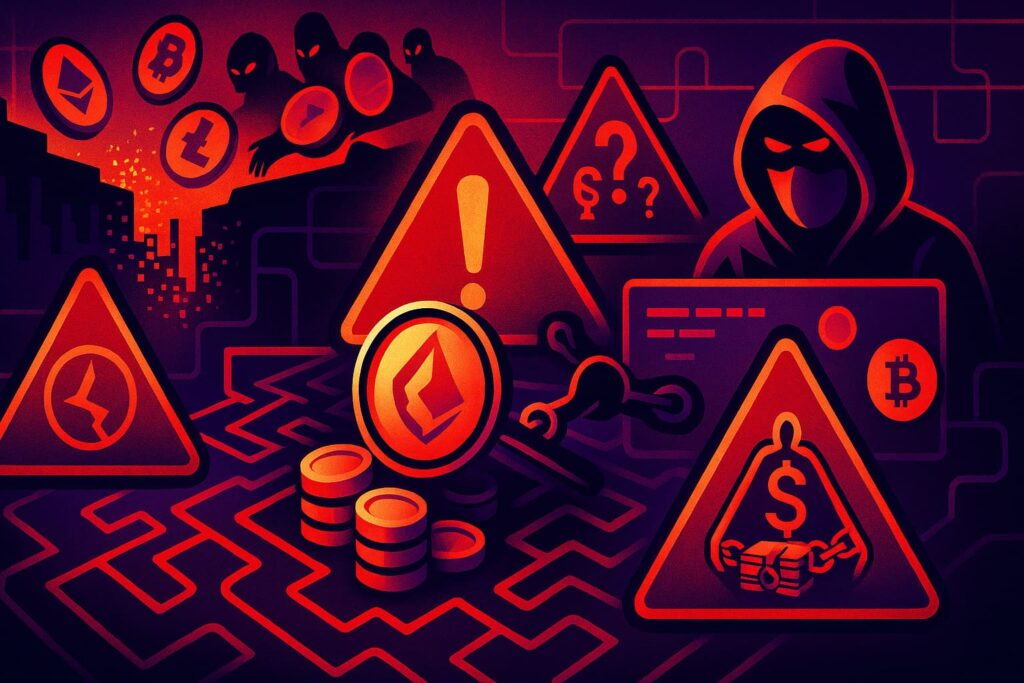 Vector-style illustration highlighting altcoin red flags: anonymous team, skewed tokenomics, hype megaphone, and low development activity.