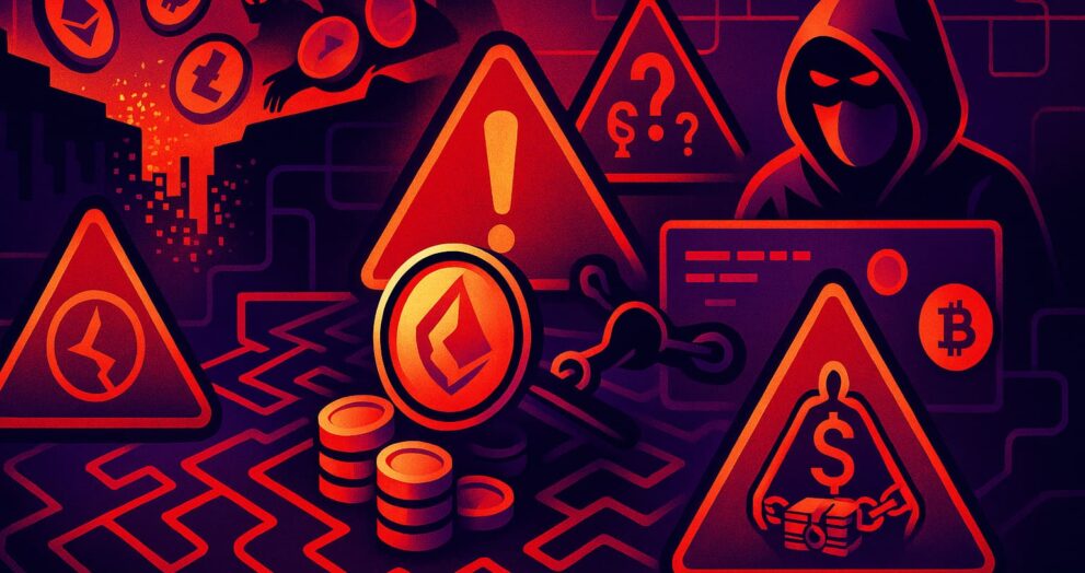 Vector-style illustration highlighting altcoin red flags: anonymous team, skewed tokenomics, hype megaphone, and low development activity.