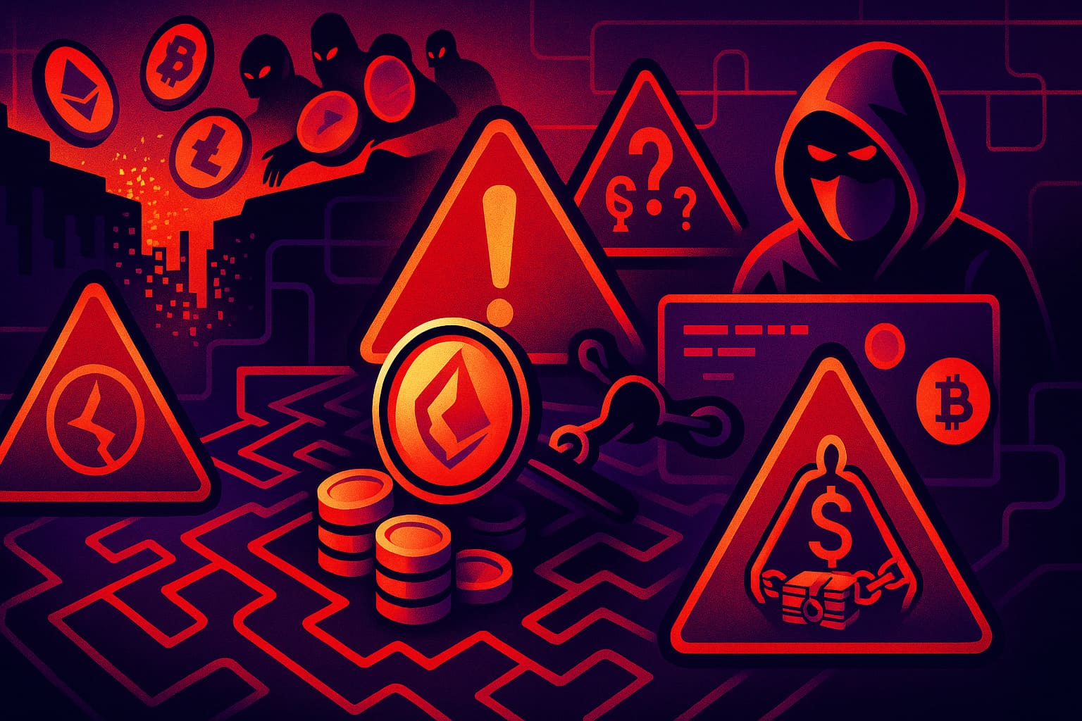Vector-style illustration highlighting altcoin red flags: anonymous team, skewed tokenomics, hype megaphone, and low development activity.