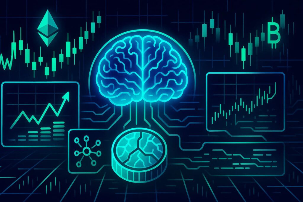 Editorial-style illustration showing an AI brain analyzing crypto price charts and blockchain data to forecast market moves.