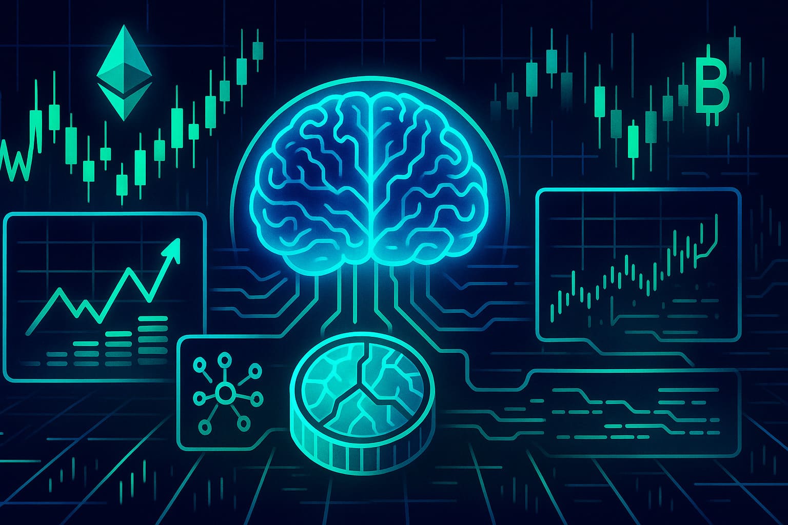 Editorial-style illustration showing an AI brain analyzing crypto price charts and blockchain data to forecast market moves.