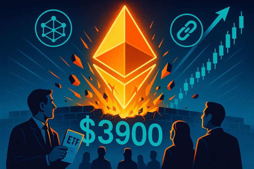 Editorial-style illustration showing Ethereum breaking above $3,900 resistance with ETF optimism and DeFi growth.