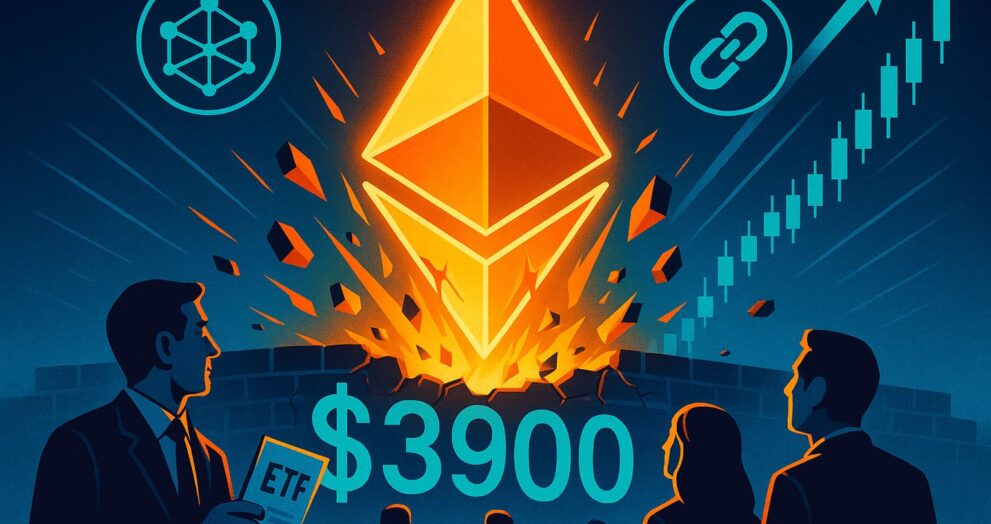 Editorial-style illustration showing Ethereum breaking above $3,900 resistance with ETF optimism and DeFi growth.