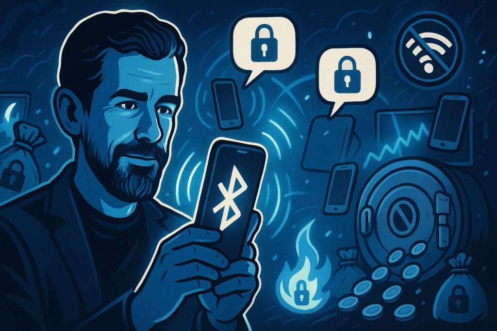 Editorial-style illustration of Jack Dorsey’s Bitchat app using Bluetooth to enable secure, offline messaging.