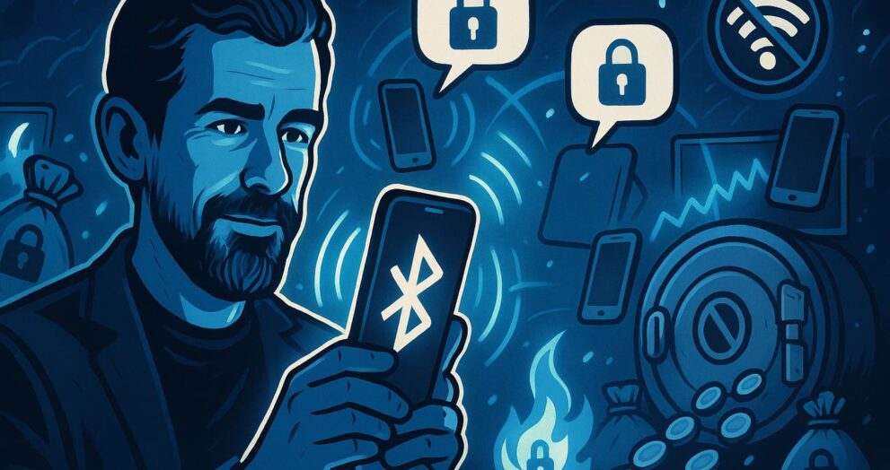 Editorial-style illustration of Jack Dorsey’s Bitchat app using Bluetooth to enable secure, offline messaging.
