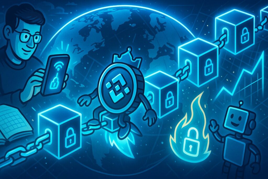Editorial-style illustration of blockchain blocks connecting across the globe, symbolizing secure digital recordkeeping.