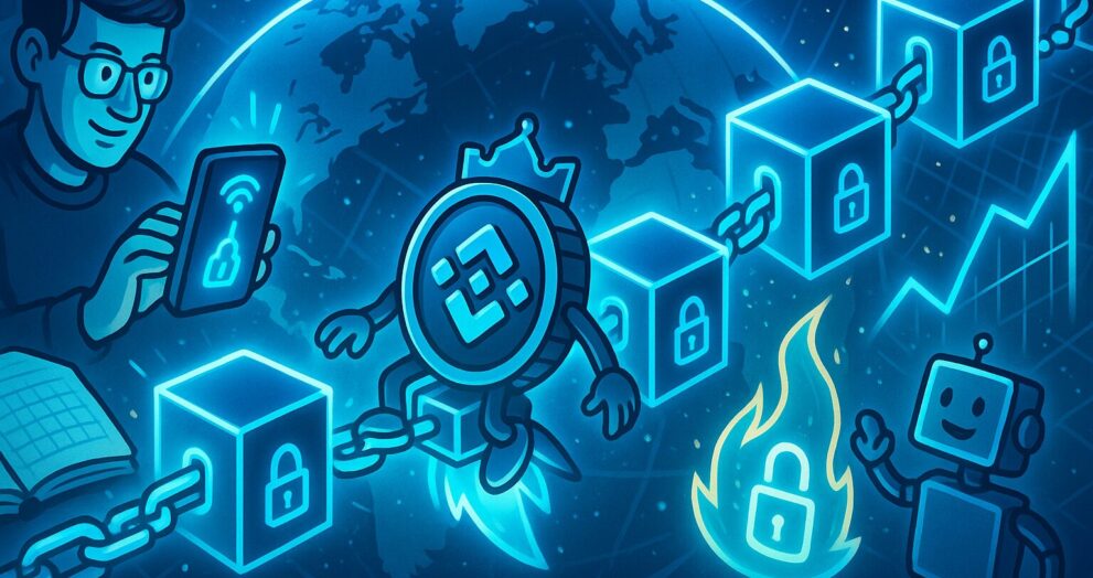 Editorial-style illustration of blockchain blocks connecting across the globe, symbolizing secure digital recordkeeping.