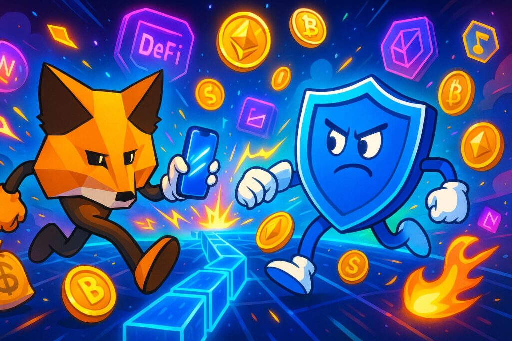 Editorial-style illustration showing MetaMask and Trust Wallet characters racing across a blockchain highway with crypto apps and coins in the background.