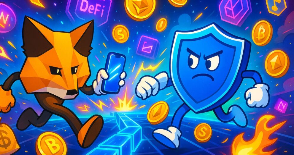 Editorial-style illustration showing MetaMask and Trust Wallet characters racing across a blockchain highway with crypto apps and coins in the background.