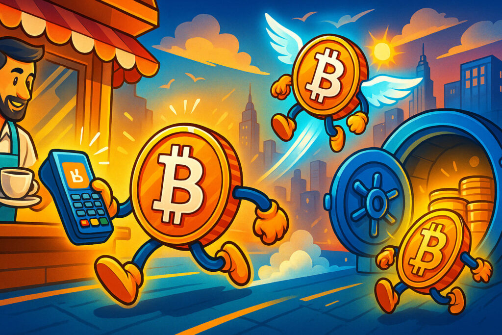 Editorial-style illustration showing cartoon Bitcoin coins used in real-world scenarios like payments, remittances, and savings.
