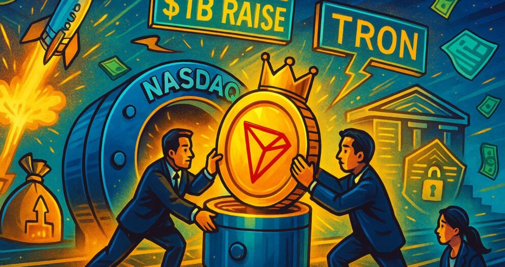 Editorial-style illustration showing Tron Inc. and TRX coin raising funds through a Nasdaq-linked blockchain treasury strategy.