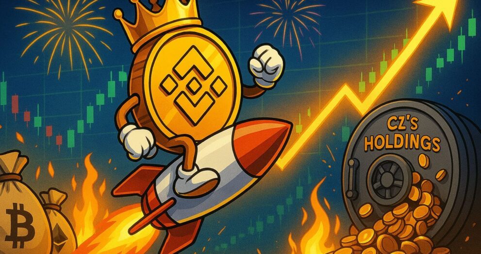 Editorial-style illustration of BNB coin breaking records as CZ’s crypto holdings soar past $75.8 billion.