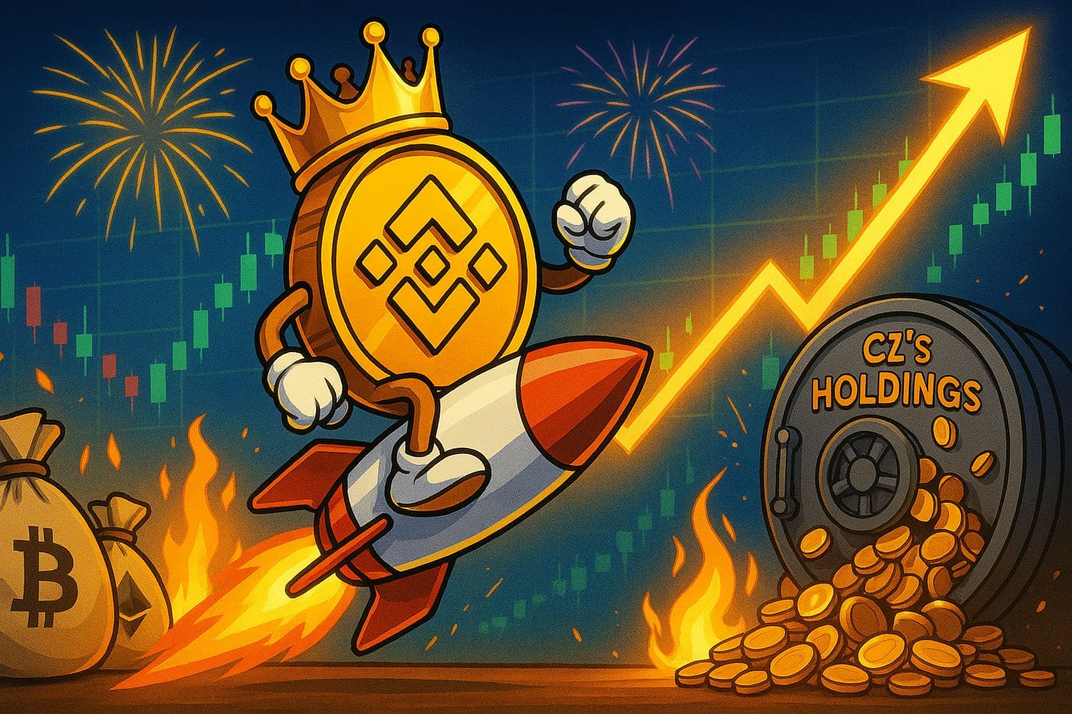 Editorial-style illustration of BNB coin breaking records as CZ’s crypto holdings soar past $75.8 billion.