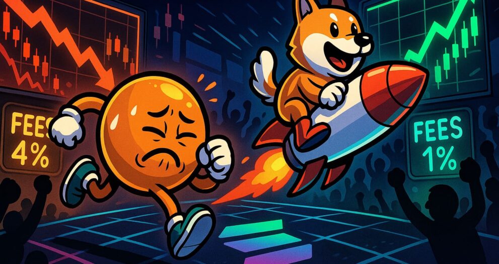 Illustration of Pump.fun losing market share to LetsBONK as Solana meme token platforms compete for dominance.