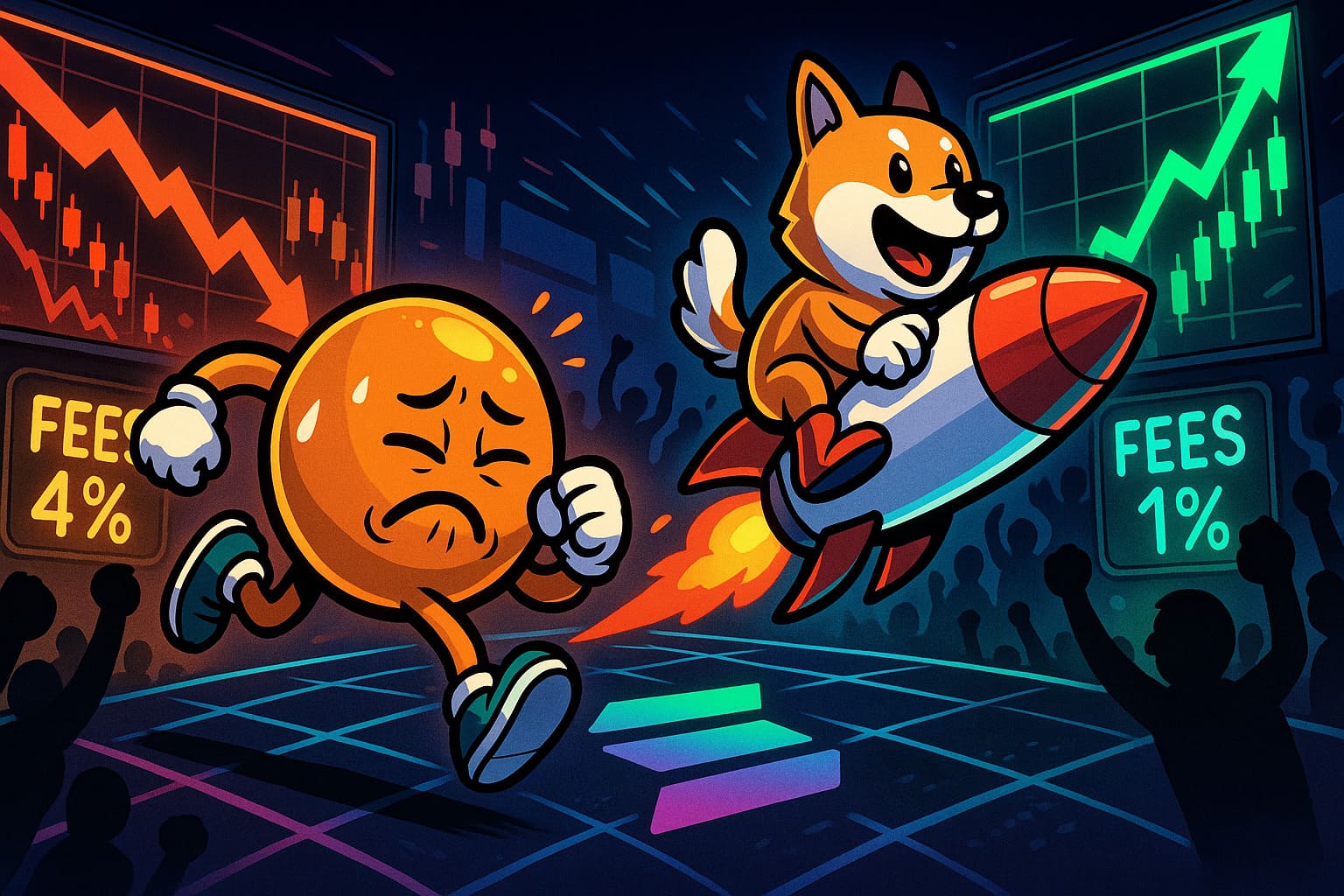 Illustration of Pump.fun losing market share to LetsBONK as Solana meme token platforms compete for dominance.