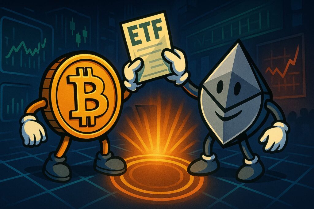Text: Illustration of Bitcoin and Ethereum tokens being redeemed for ETF shares under SEC's new in-kind approval policy.