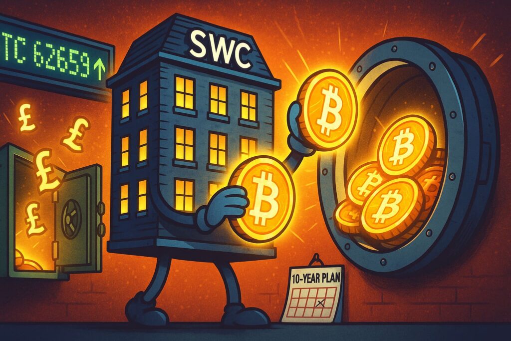 Illustration of a UK tech company increasing its Bitcoin treasury holdings under a long-term crypto strategy.