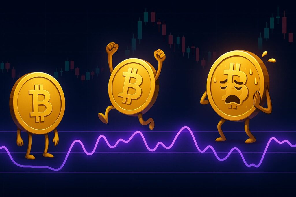 Editorial-style illustration showing the RSI indicator reacting to Bitcoin's movements, with emotional coin characters showing overbought and oversold conditions.