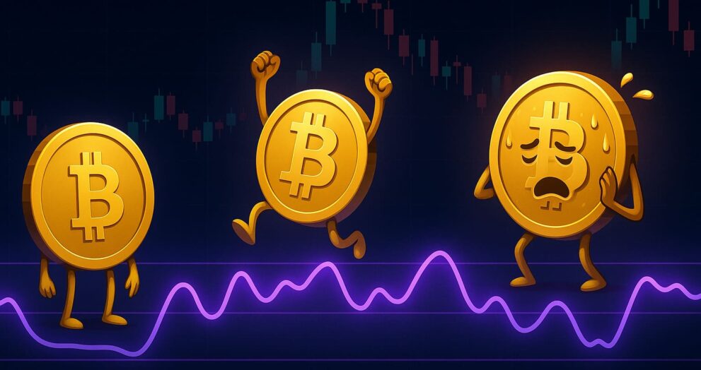 Editorial-style illustration showing the RSI indicator reacting to Bitcoin's movements, with emotional coin characters showing overbought and oversold conditions.