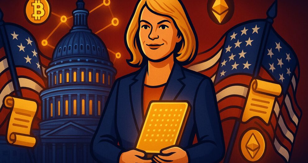 Illustration of Senator Cynthia Lummis supporting blockchain innovation and crypto-friendly policy reforms in the U.S. Senate.