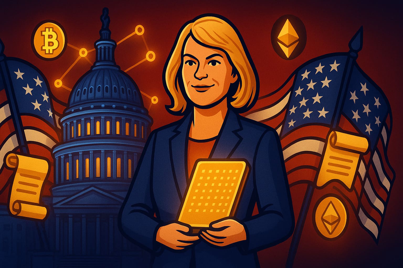 Illustration of Senator Cynthia Lummis supporting blockchain innovation and crypto-friendly policy reforms in the U.S. Senate.