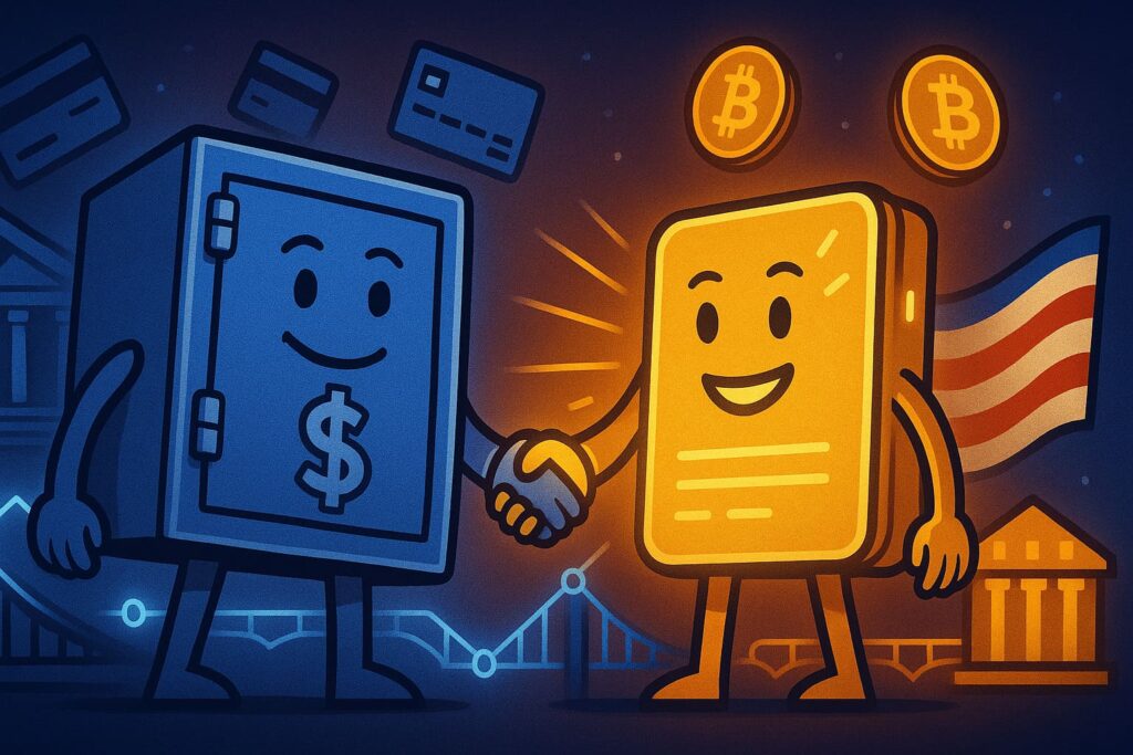 Illustration of JPMorgan and Coinbase partnering, connecting traditional banking with crypto wallets.