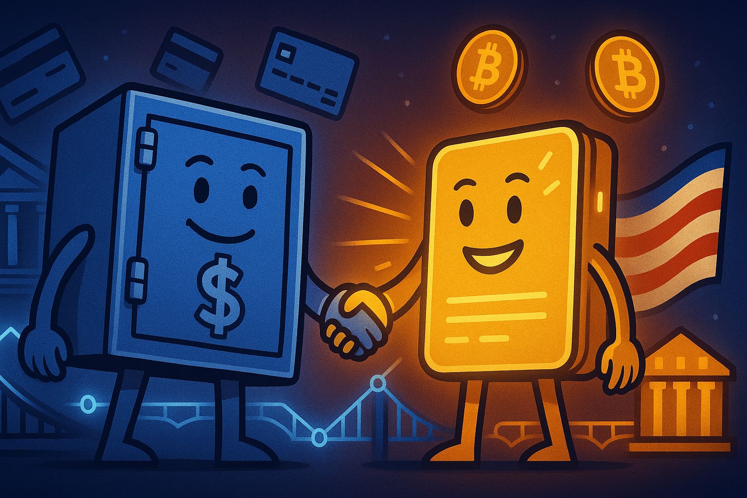Illustration of JPMorgan and Coinbase partnering, connecting traditional banking with crypto wallets.