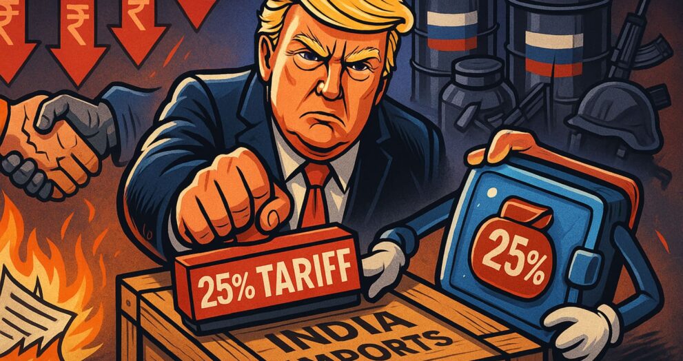 Illustration of Donald Trump imposing tariffs on India while criticizing India-Russia trade ties.