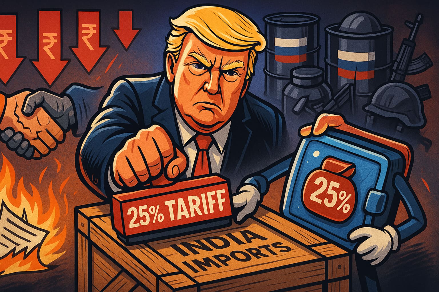 Illustration of Donald Trump imposing tariffs on India while criticizing India-Russia trade ties.