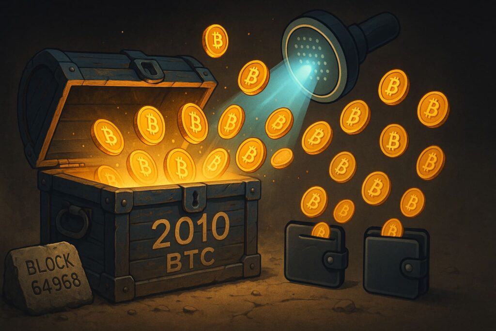 Illustration of a 2010 Bitcoin stash being activated, with coins flying into modern digital wallets.