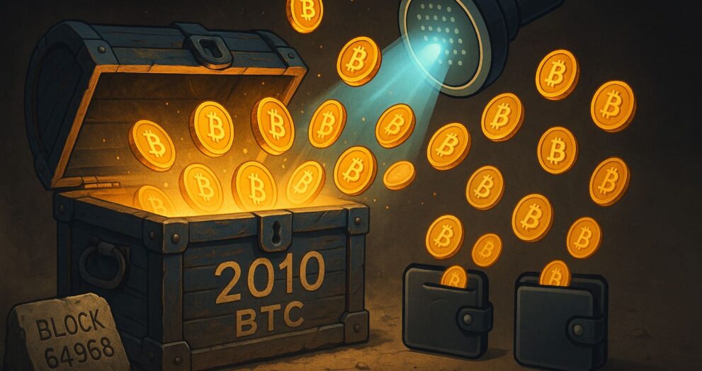 Illustration of a 2010 Bitcoin stash being activated, with coins flying into modern digital wallets.