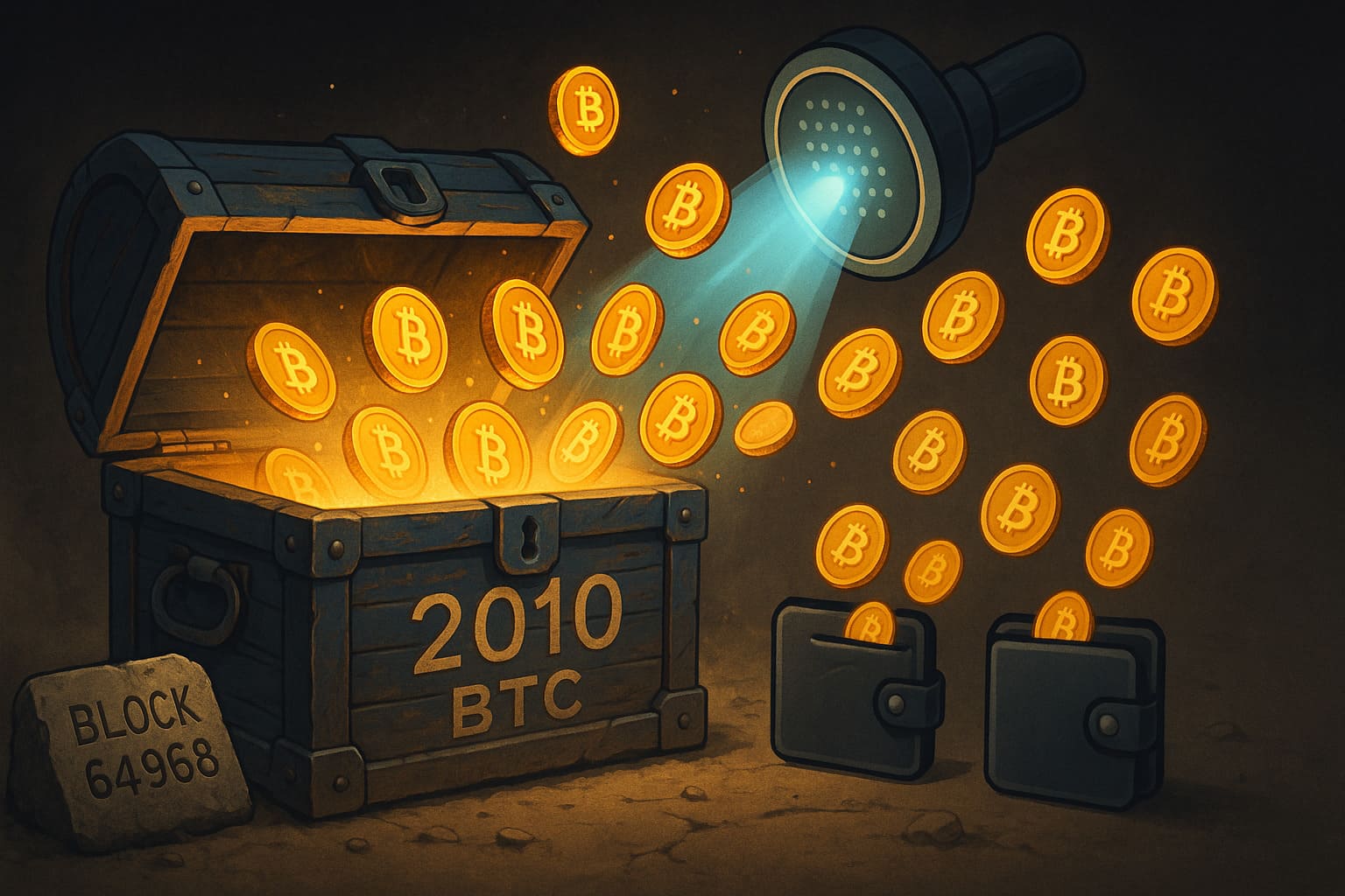 Illustration of a 2010 Bitcoin stash being activated, with coins flying into modern digital wallets.