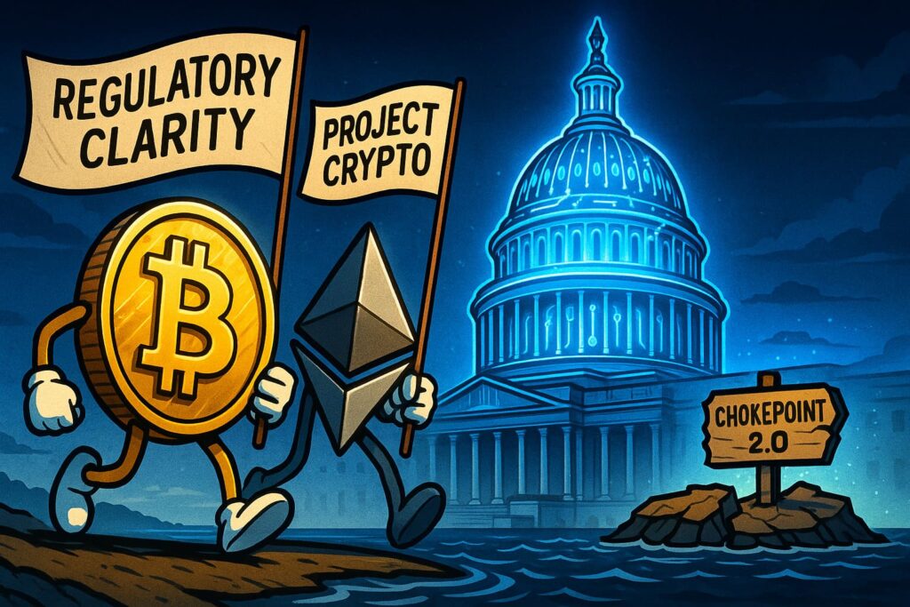 Editorial-style illustration showing crypto coins returning to the U.S. under Project Crypto with SEC reforms and blockchain regulation.