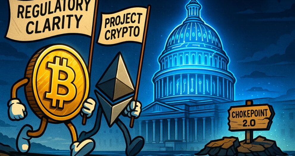 Editorial-style illustration showing crypto coins returning to the U.S. under Project Crypto with SEC reforms and blockchain regulation.
