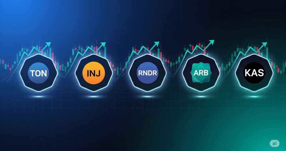 ector infographic showing five altcoin symbols (TON, INJ, RNDR, ARB, KAS) with upward trend visuals