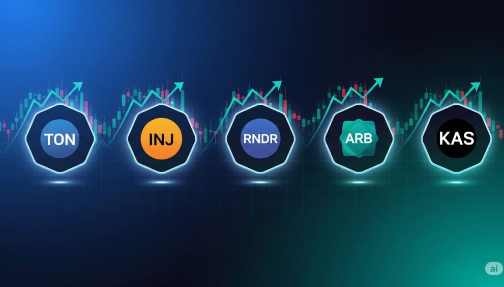 ector infographic showing five altcoin symbols (TON, INJ, RNDR, ARB, KAS) with upward trend visuals