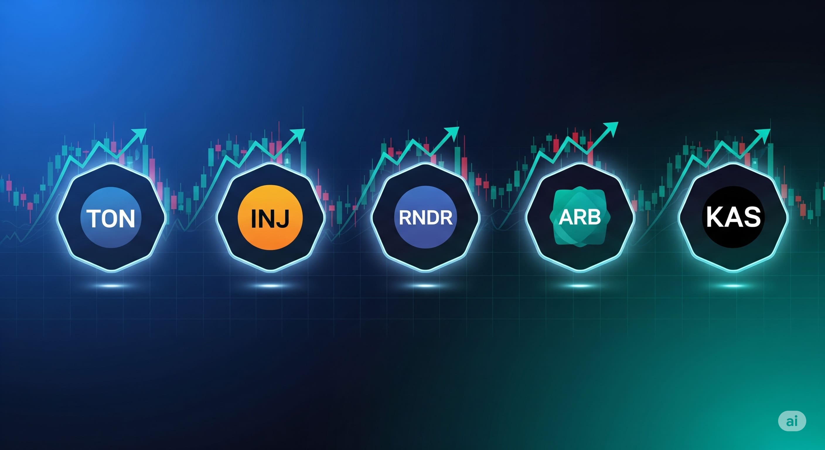 ector infographic showing five altcoin symbols (TON, INJ, RNDR, ARB, KAS) with upward trend visuals