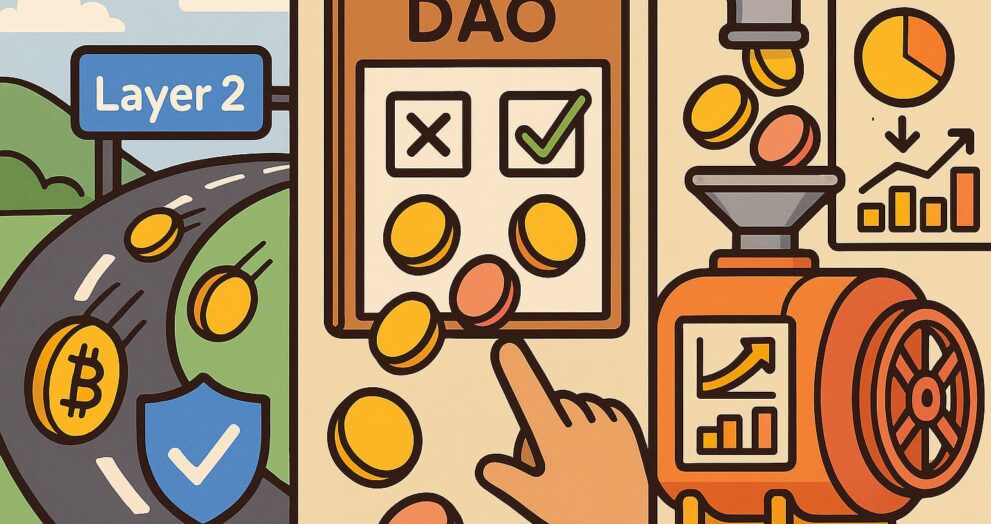 Cartoon infographic illustrating Layer 2 scaling, DAO governance, and tokenomics flow in blockchain