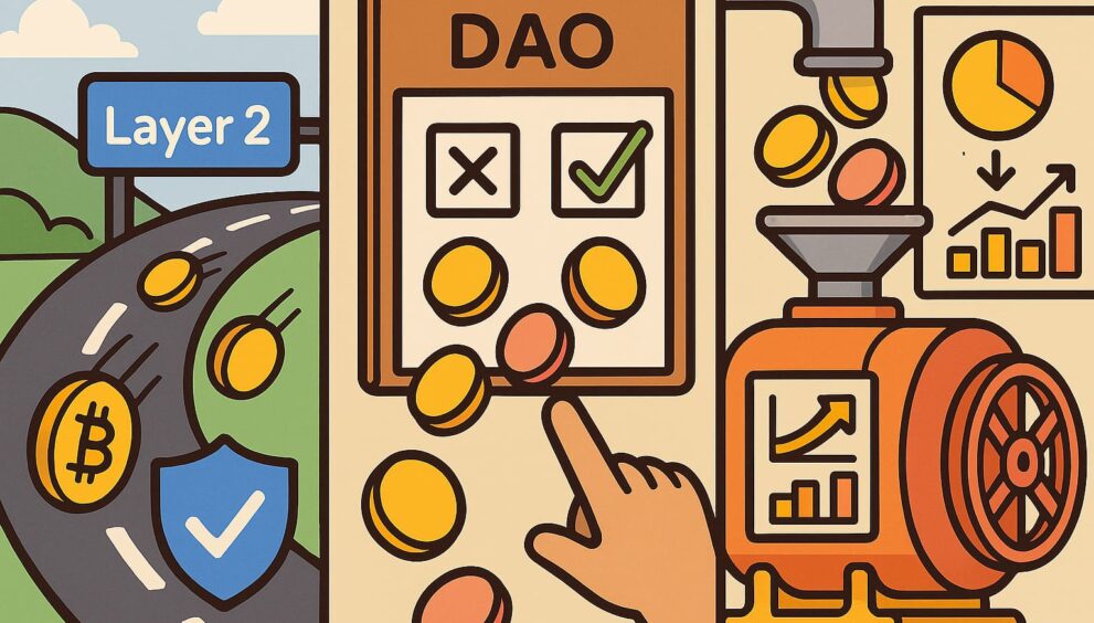 Cartoon infographic illustrating Layer 2 scaling, DAO governance, and tokenomics flow in blockchain