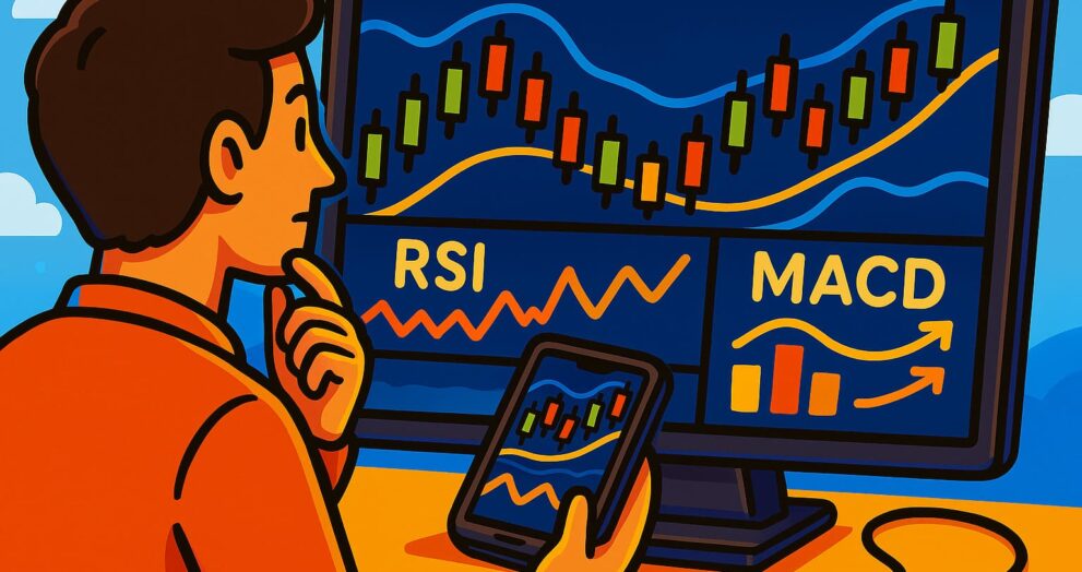 Cartoon illustration of trader analyzing crypto price charts with indicators like RSI, MACD, trendlines