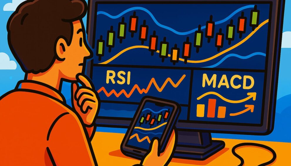 Cartoon illustration of trader analyzing crypto price charts with indicators like RSI, MACD, trendlines