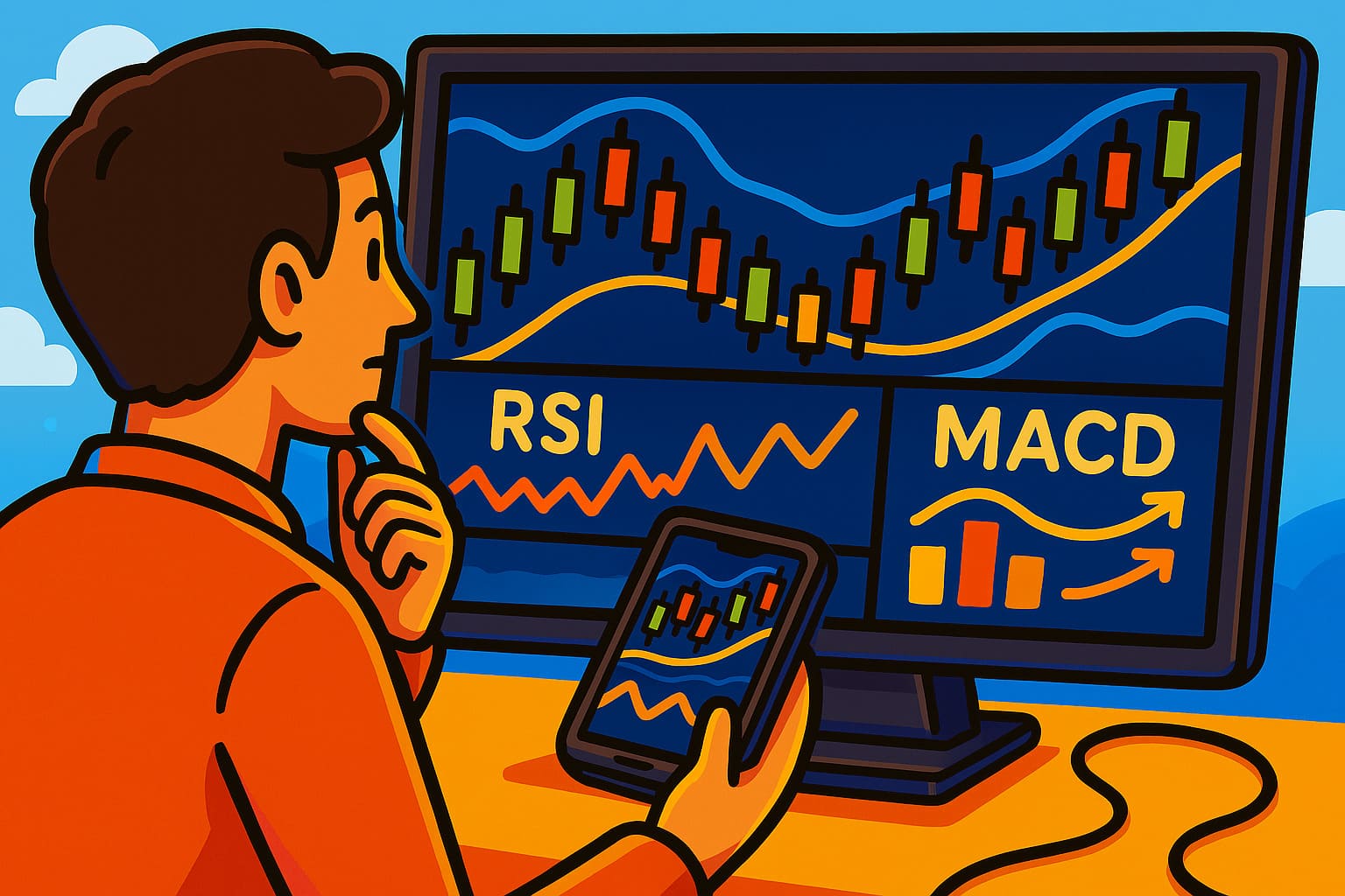 Cartoon illustration of trader analyzing crypto price charts with indicators like RSI, MACD, trendlines