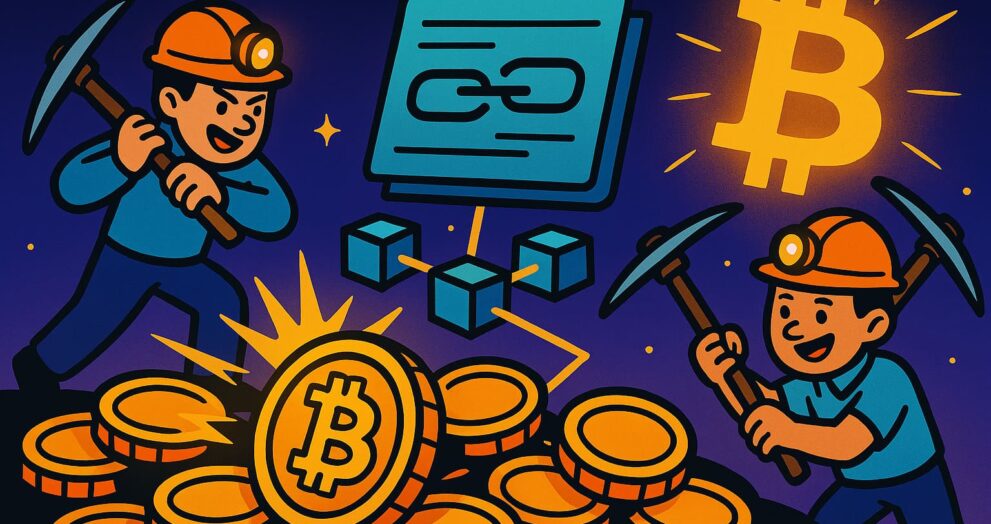 Cartoon depiction of Bitcoin with miners and blockchain ledger