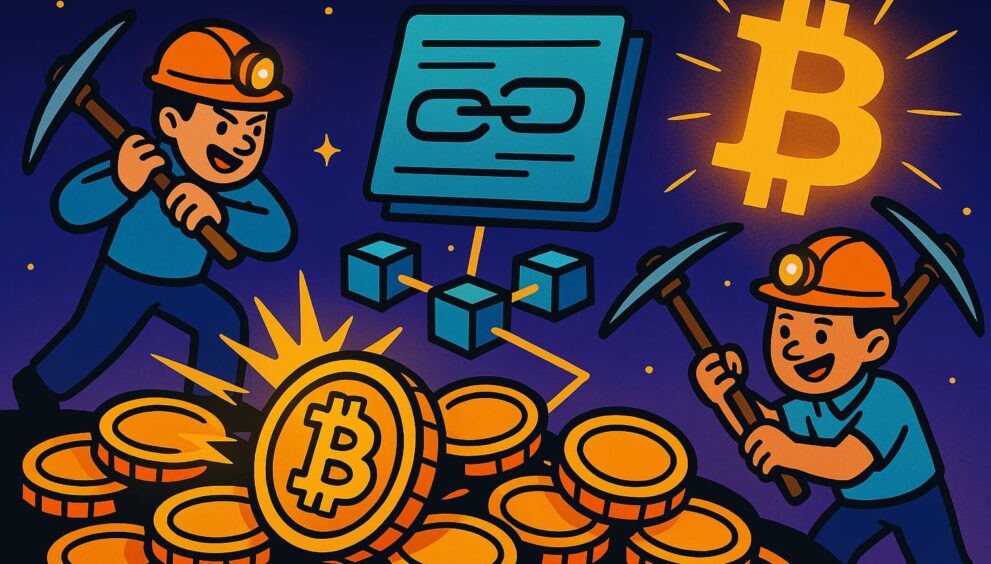 Cartoon depiction of Bitcoin with miners and blockchain ledger